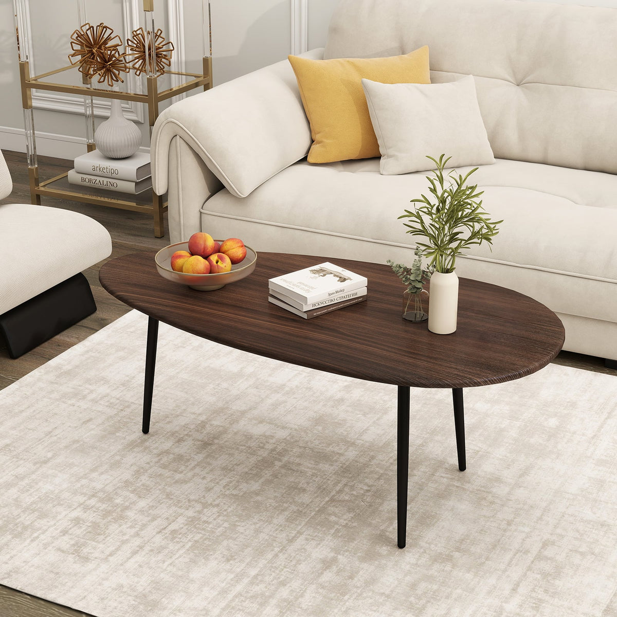 Oval Coffee Table Mid Century Center Table with Sturdy Metal Construction-Walnut-Coffee Tables-DECOROLALA