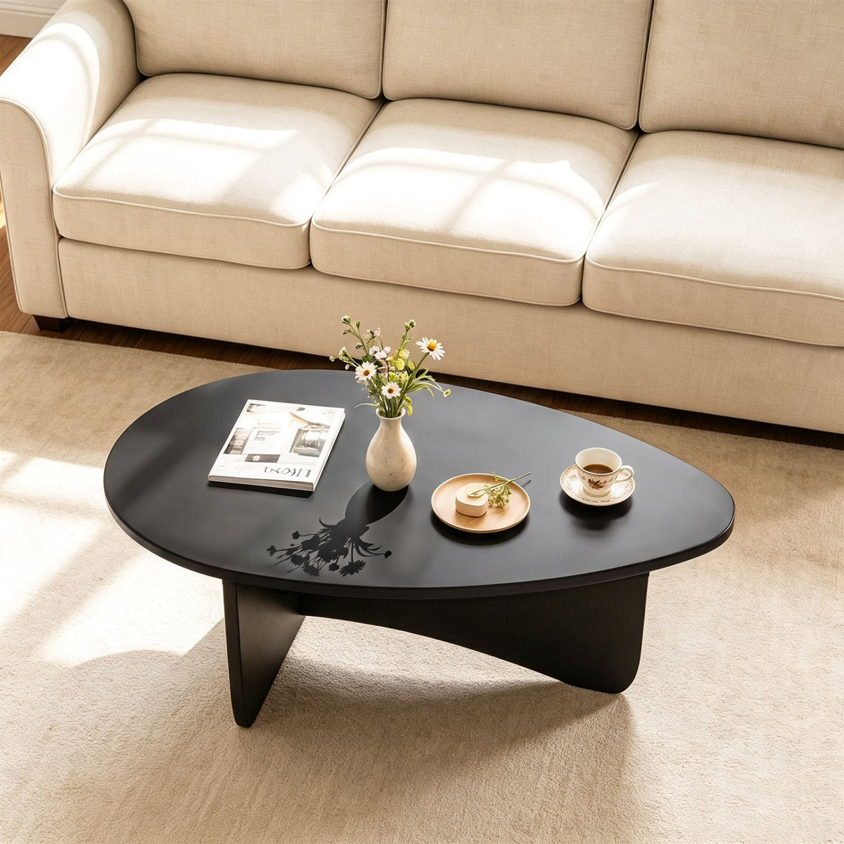 Oval Coffee Table Mid Century Modern Accent Table Low Profile Wooden Center Table-Black-Coffee Tables-DECOROLALA
