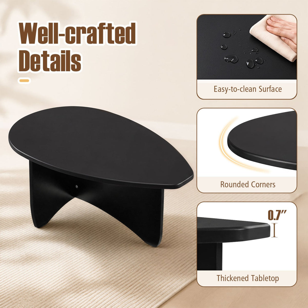 Oval Coffee Table Mid Century Modern Accent Table Low Profile Wooden Center Table-Black-Coffee Tables-DECOROLALA
