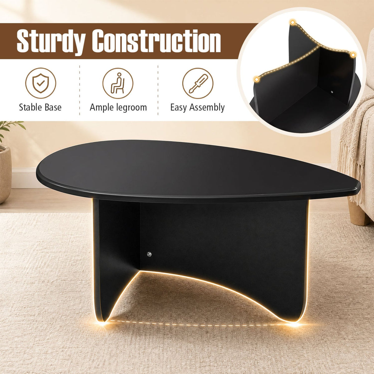 Oval Coffee Table Mid Century Modern Accent Table Low Profile Wooden Center Table-Black-Coffee Tables-DECOROLALA