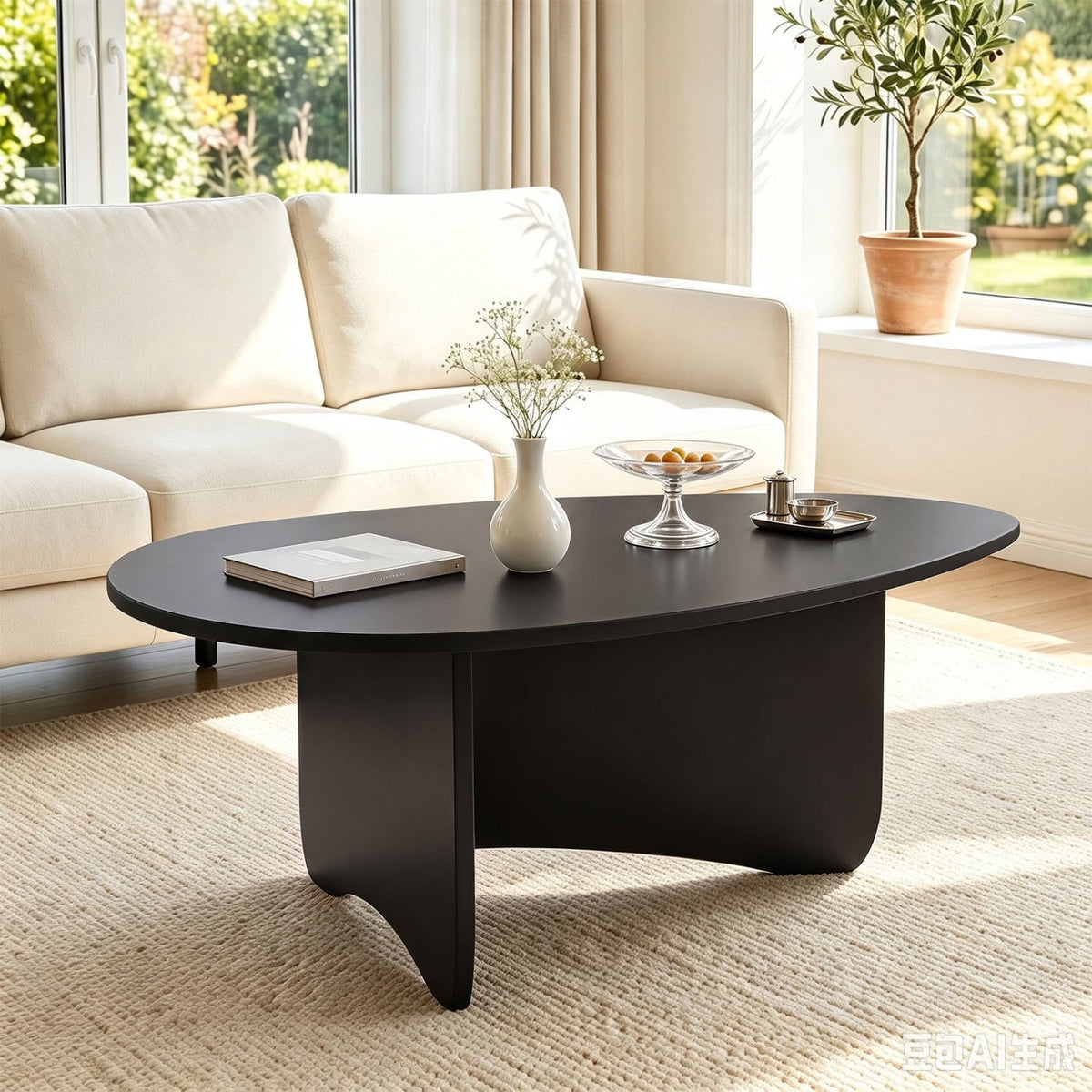 Oval Coffee Table Mid Century Modern Accent Table Low Profile Wooden Center Table-Black-Coffee Tables-DECOROLALA