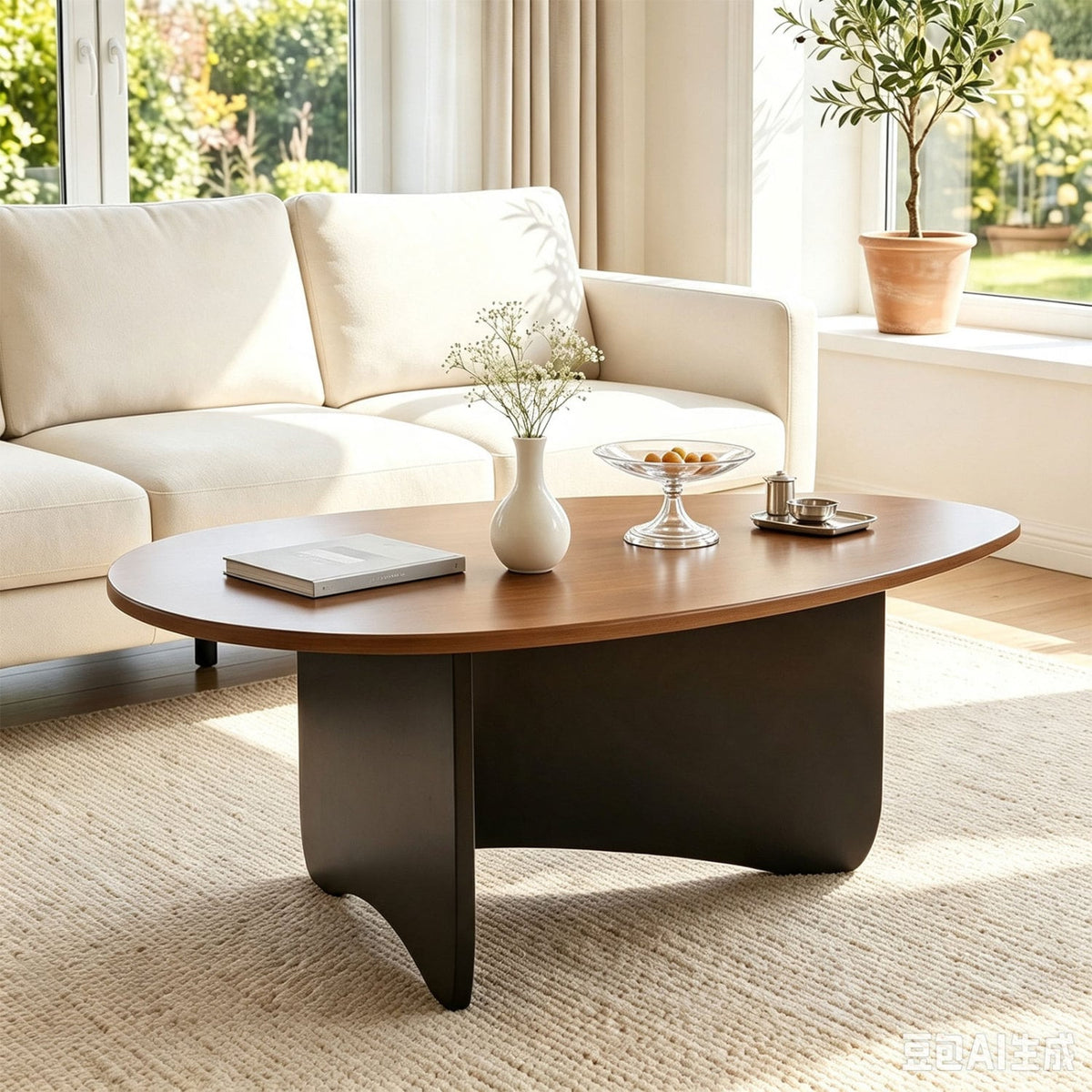 Oval Coffee Table Mid Century Modern Accent Table Low Profile Wooden Center Table-Walnut-Coffee Tables-DECOROLALA