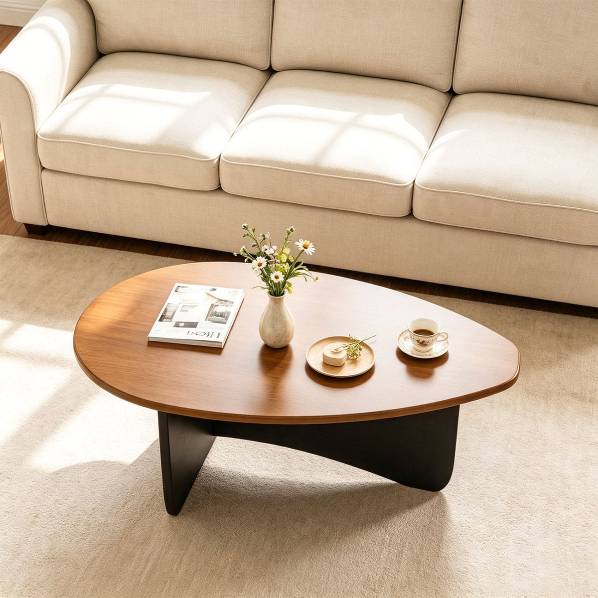 Oval Coffee Table Mid Century Modern Accent Table Low Profile Wooden Center Table-Walnut-Coffee Tables-DECOROLALA