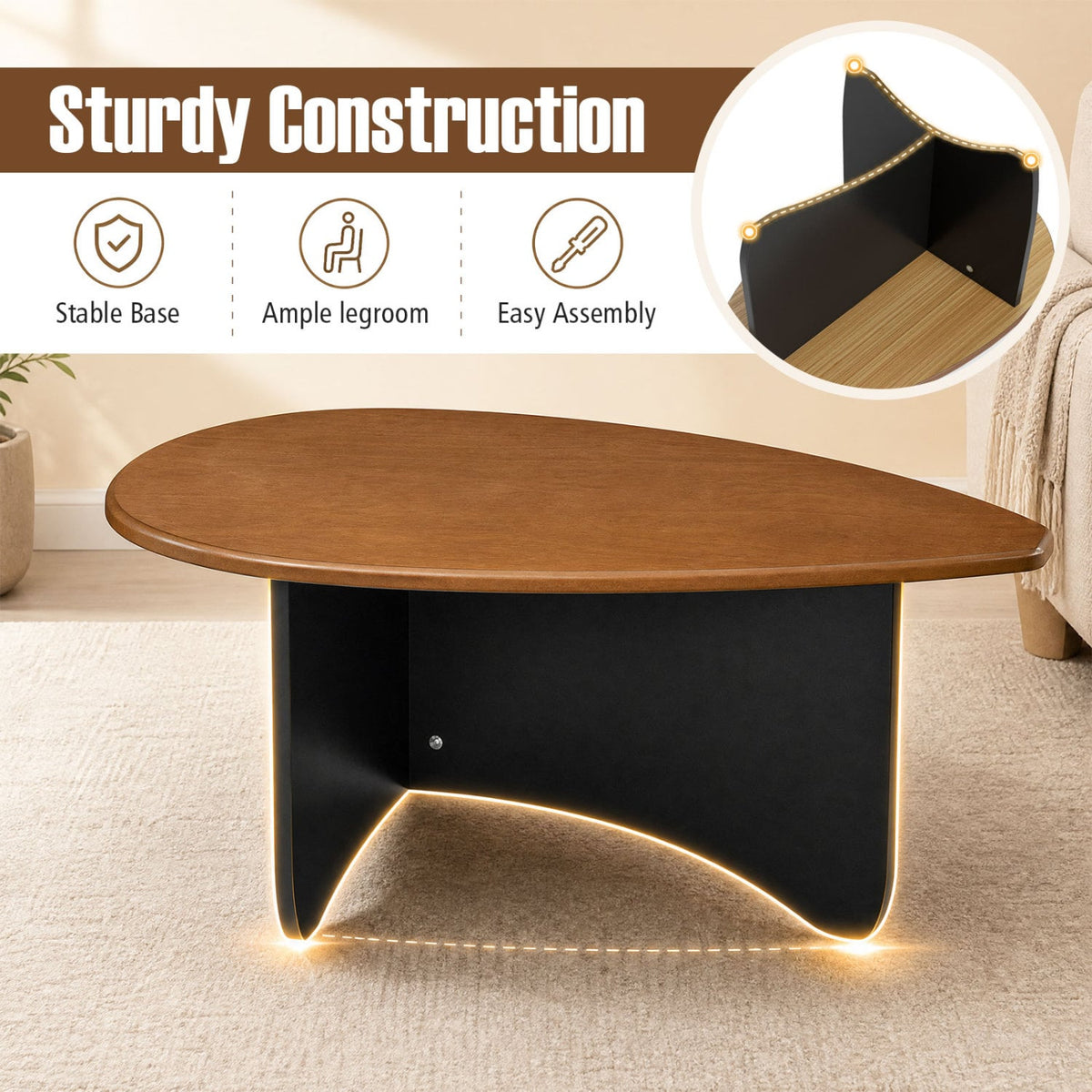 Oval Coffee Table Mid Century Modern Accent Table Low Profile Wooden Center Table-Walnut-Coffee Tables-DECOROLALA
