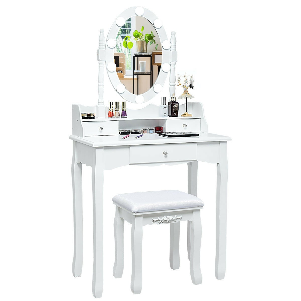 Oval Mirror Vanity Set with 10 LED Dimmable Bulbs and 3 Drawers-White-Makeup Vanities-DECOROLALA