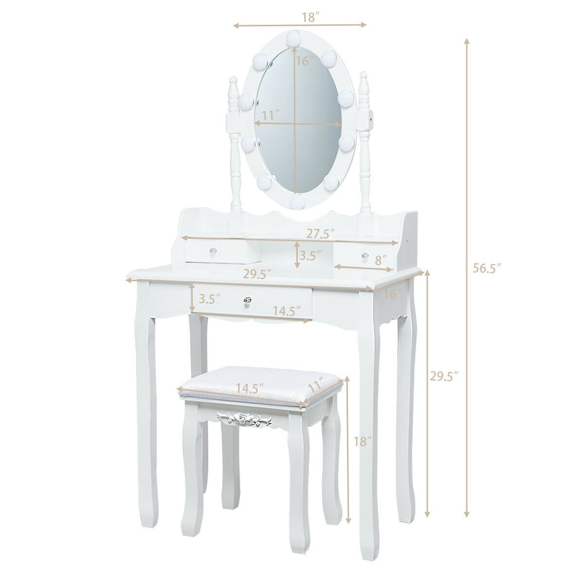 Oval Mirror Vanity Set with 10 LED Dimmable Bulbs and 3 Drawers-White-Makeup Vanities-DECOROLALA