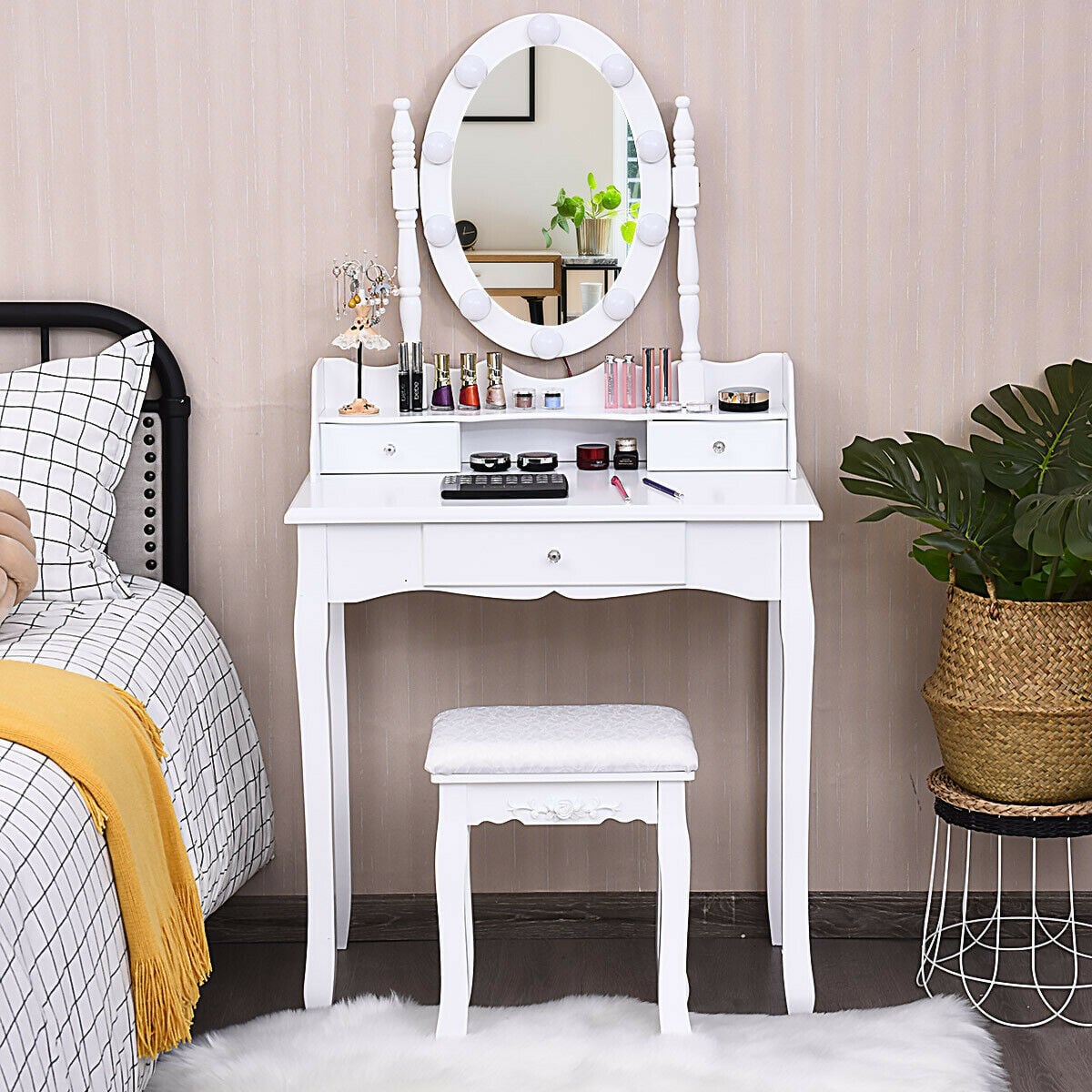 Oval Mirror Vanity Set with 10 LED Dimmable Bulbs and 3 Drawers-White-Makeup Vanities-DECOROLALA