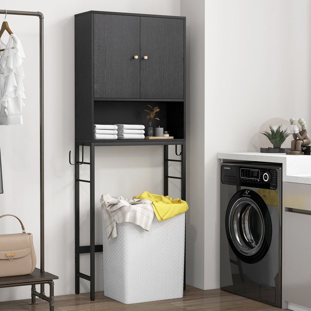 Over The Toilet Storage Cabinet with 2 Doors and Adjustable Shelf-Black-Over the Toilet Storage-DECOROLALA