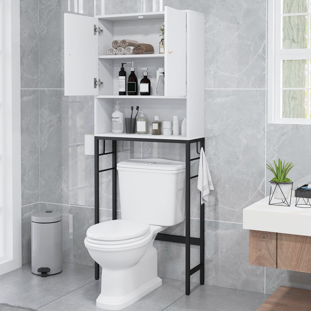 Over The Toilet Storage Cabinet with 2 Doors and Adjustable Shelf-White-Over the Toilet Storage-DECOROLALA