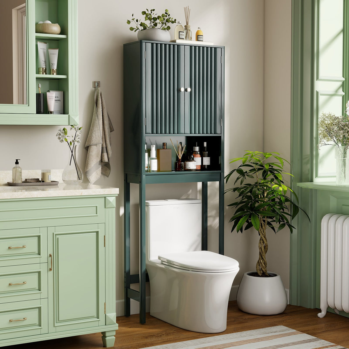 Over The Toilet Storage Cabinet with Fluted Doors-Green-Over the Toilet Storage-DECOROLALA
