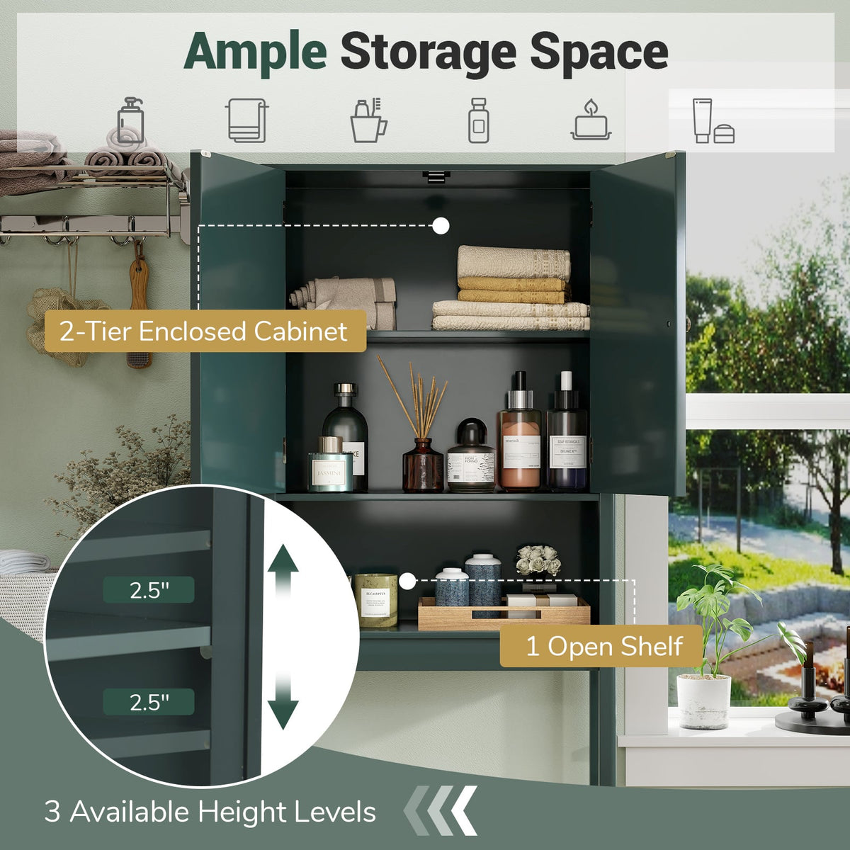 Over The Toilet Storage Cabinet with Fluted Doors-Green-Over the Toilet Storage-DECOROLALA