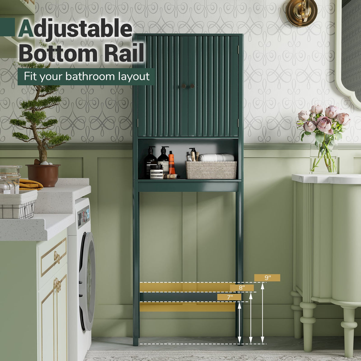 Over The Toilet Storage Cabinet with Fluted Doors-Green-Over the Toilet Storage-DECOROLALA