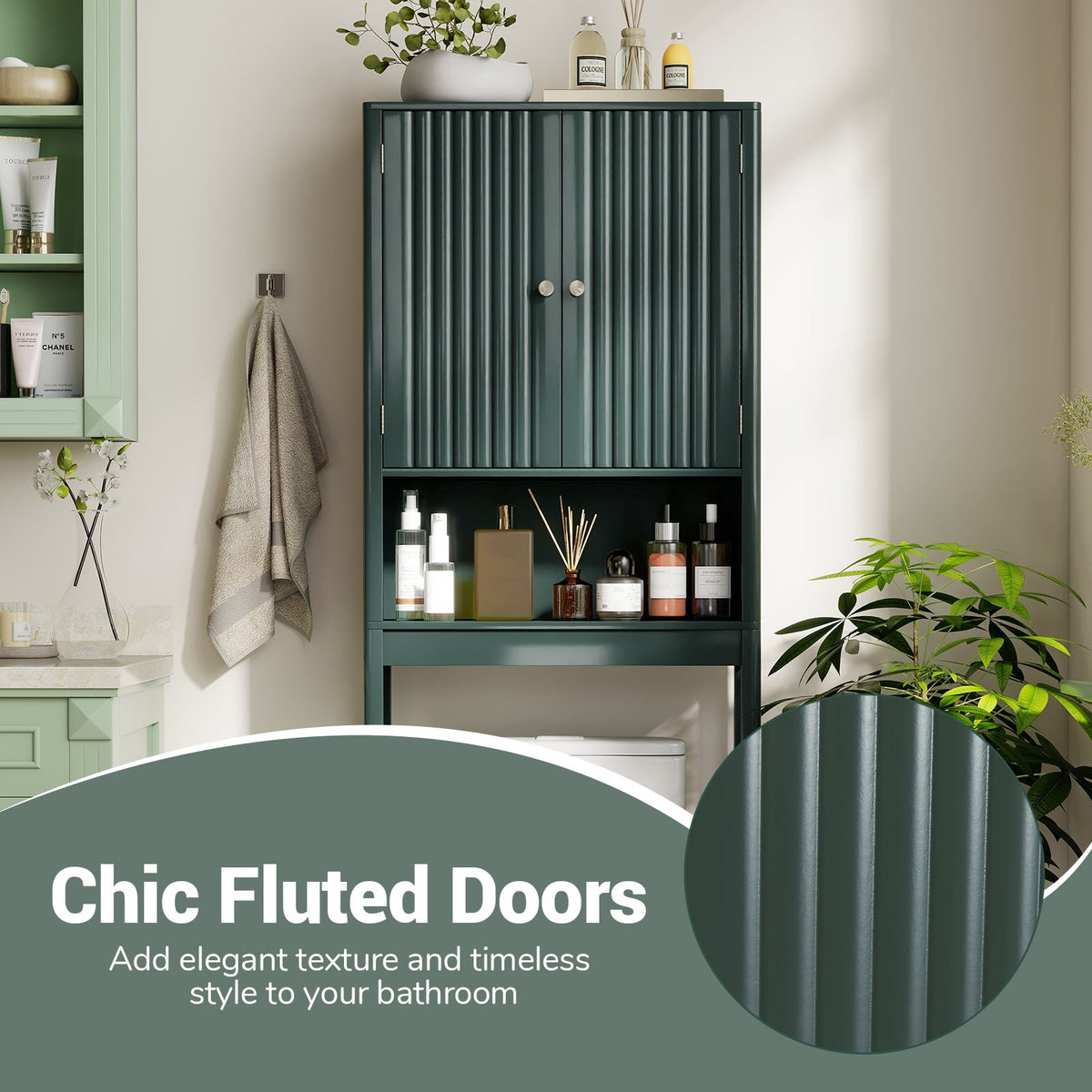 Over The Toilet Storage Cabinet with Fluted Doors-Green-Over the Toilet Storage-DECOROLALA