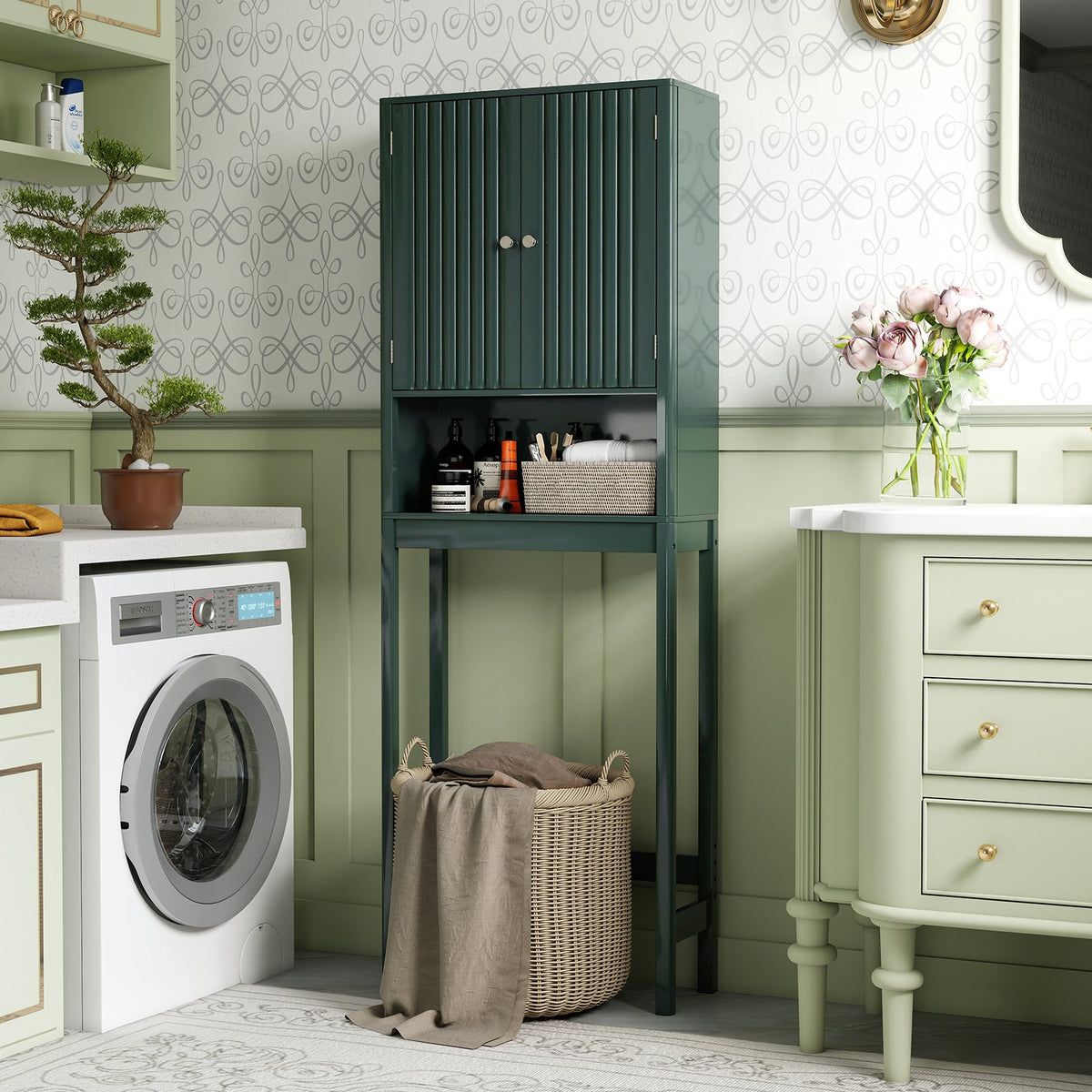 Over The Toilet Storage Cabinet with Fluted Doors-Green-Over the Toilet Storage-DECOROLALA