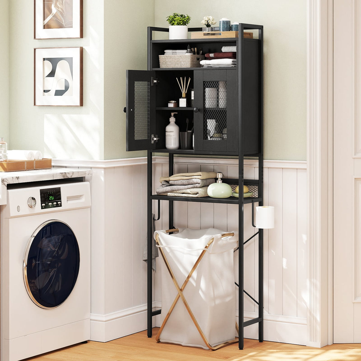 Over-The-Toilet Storage Cabinet with Heavy-Duty Metal Frame 2-door Freestanding-Black-Over the Toilet Storage-DECOROLALA
