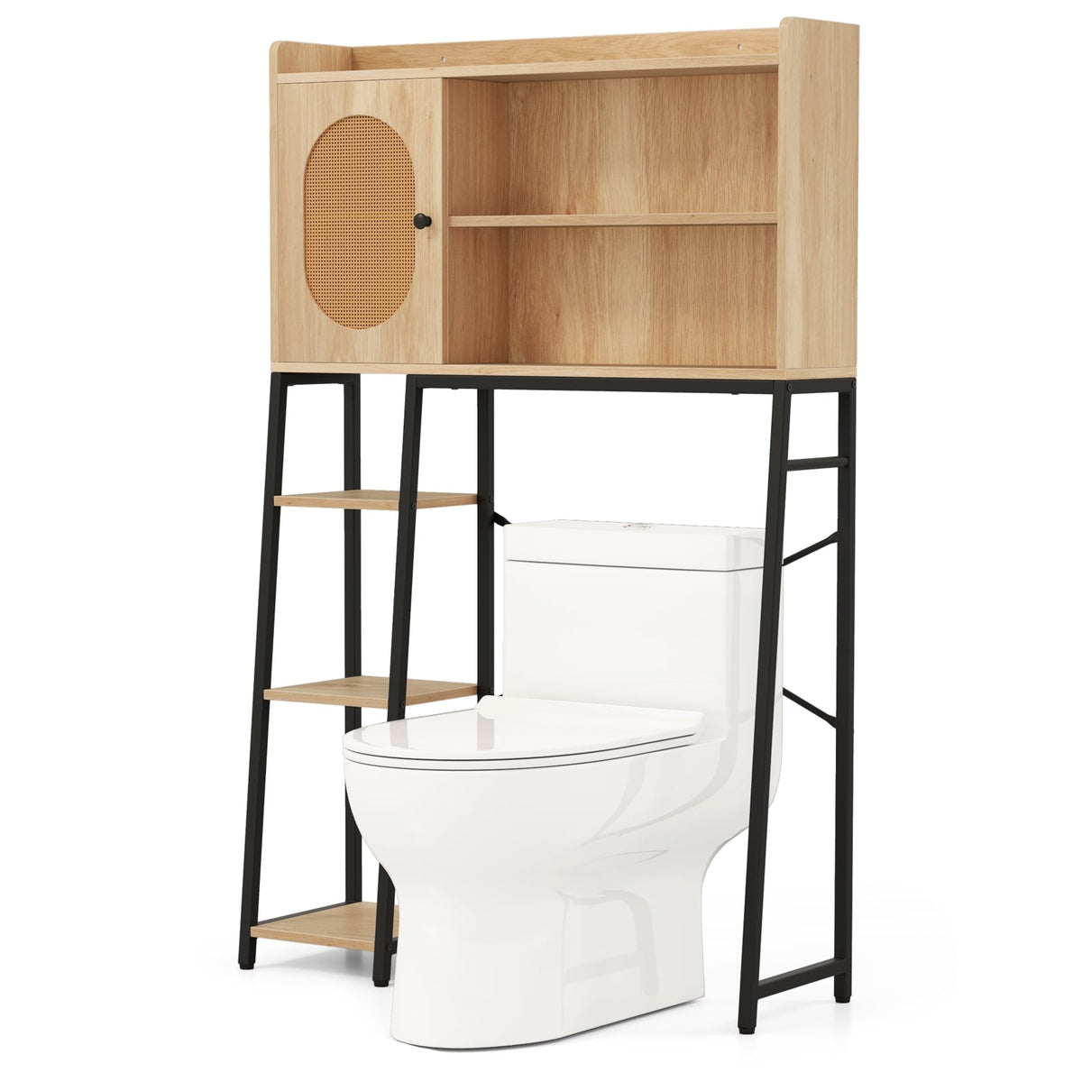 Over The Toilet Storage Cabinet with PE Rattan Door and Open Storage Shelves-Natural-Over the Toilet Storage-DECOROLALA