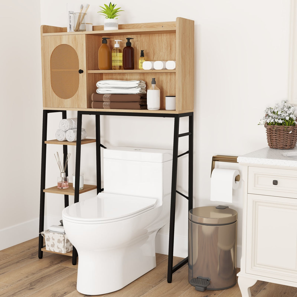 Over The Toilet Storage Cabinet with PE Rattan Door and Open Storage Shelves-Natural-Over the Toilet Storage-DECOROLALA