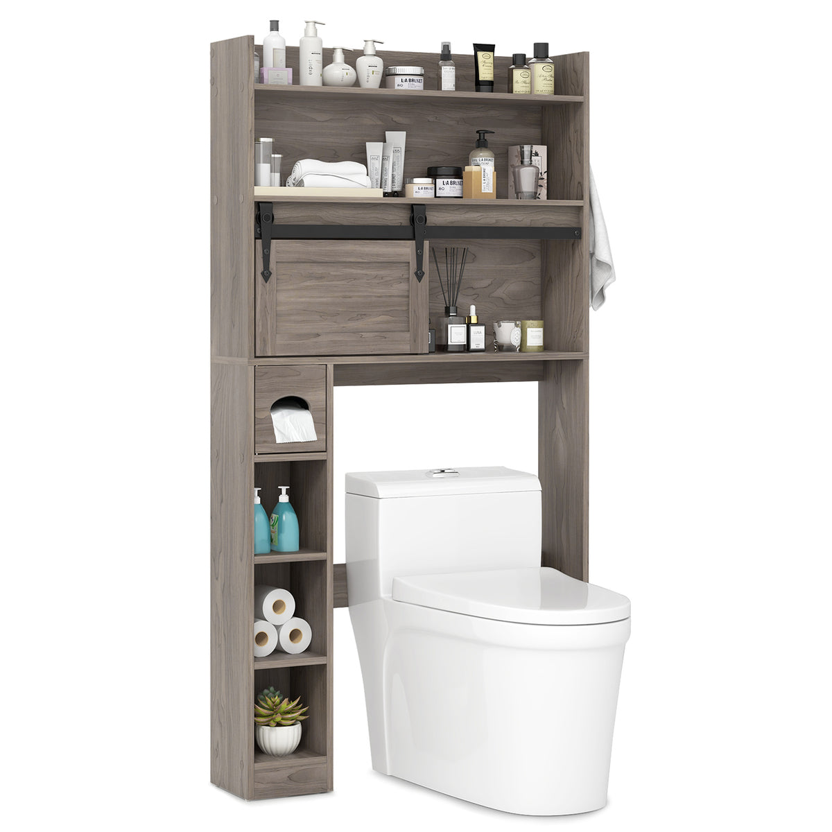 Over The Toilet Storage Cabinet with Sliding Barn Door and Adjustable Shelves-Gray-Over the Toilet Storage-DECOROLALA