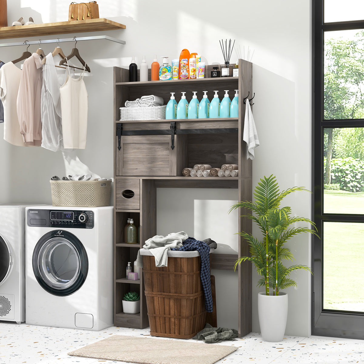 Over The Toilet Storage Cabinet with Sliding Barn Door and Adjustable Shelves-Gray-Over the Toilet Storage-DECOROLALA