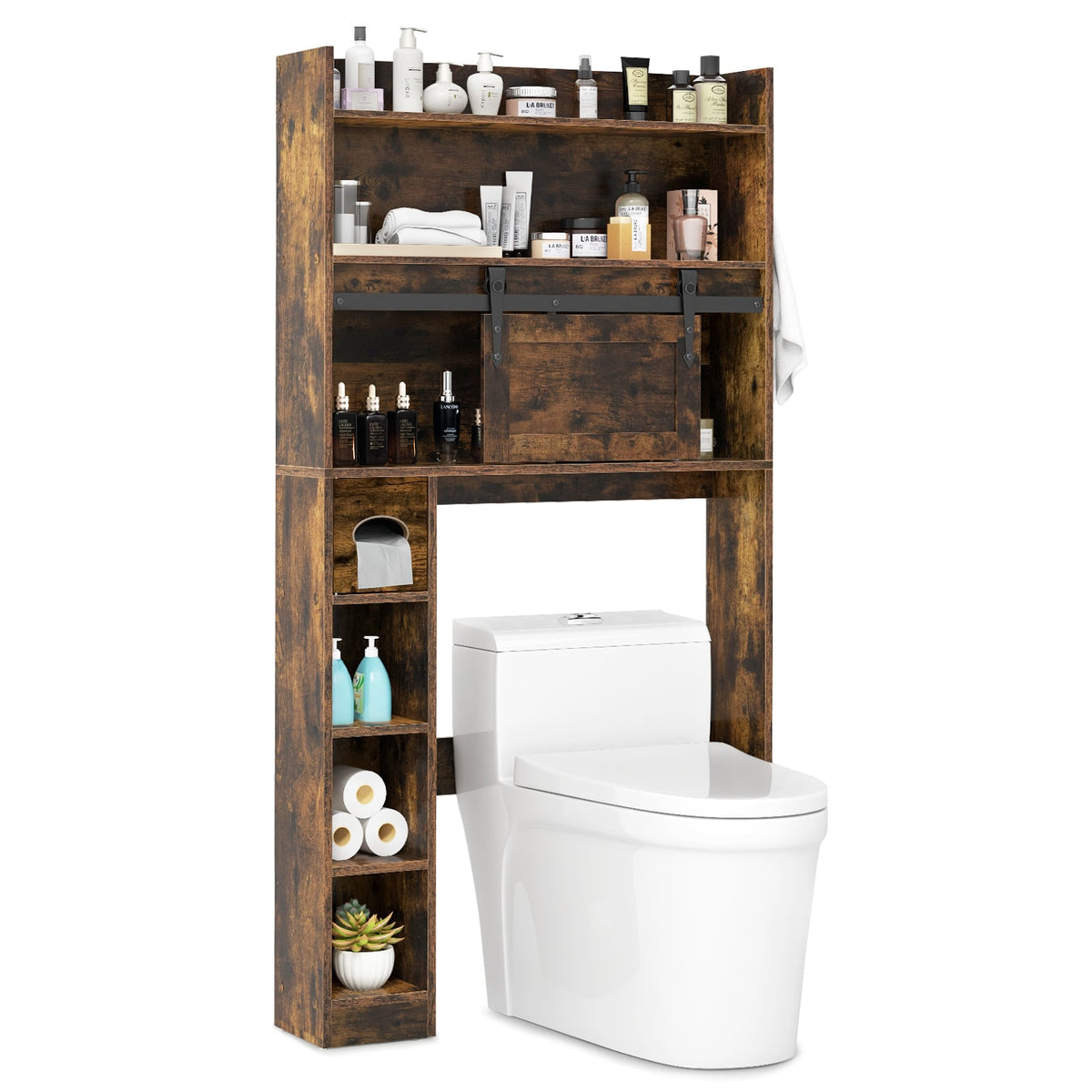 Over The Toilet Storage Cabinet with Sliding Barn Door and Adjustable Shelves-Rustic Brown-Over the Toilet Storage-DECOROLALA