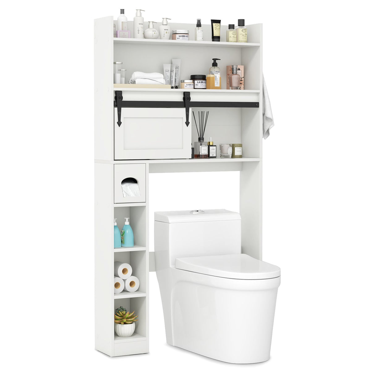 Over The Toilet Storage Cabinet with Sliding Barn Door and Adjustable Shelves-White-Over the Toilet Storage-DECOROLALA