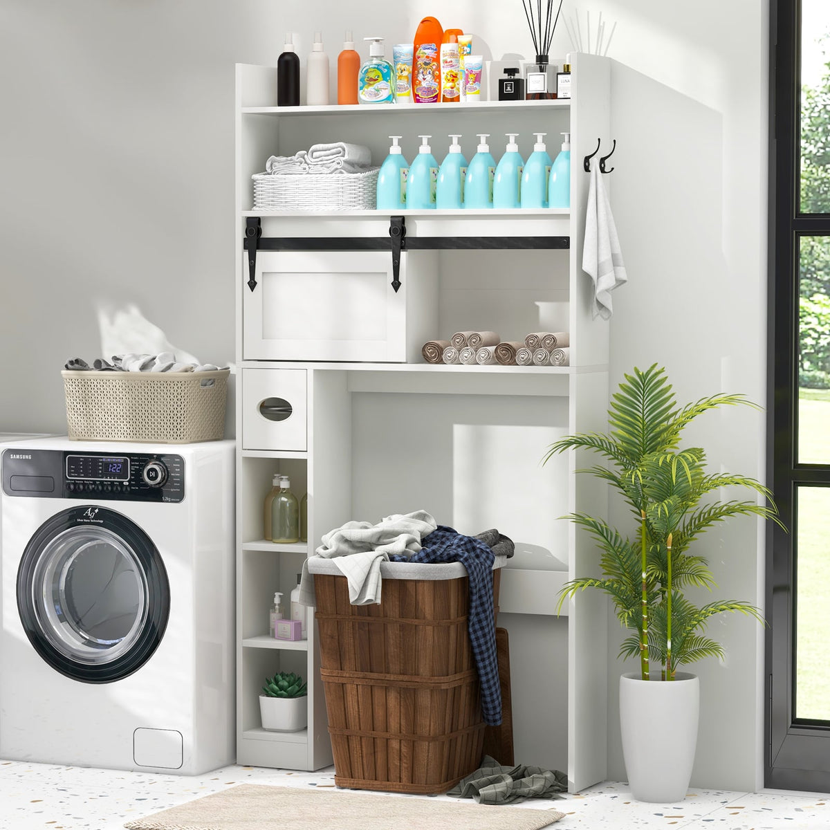Over The Toilet Storage Cabinet with Sliding Barn Door and Adjustable Shelves-White-Over the Toilet Storage-DECOROLALA