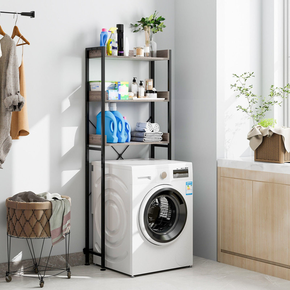Over The Toilet Storage Rack with Hooks and Adjustable Bottom Bar-Gray-Over the Toilet Storage-DECOROLALA