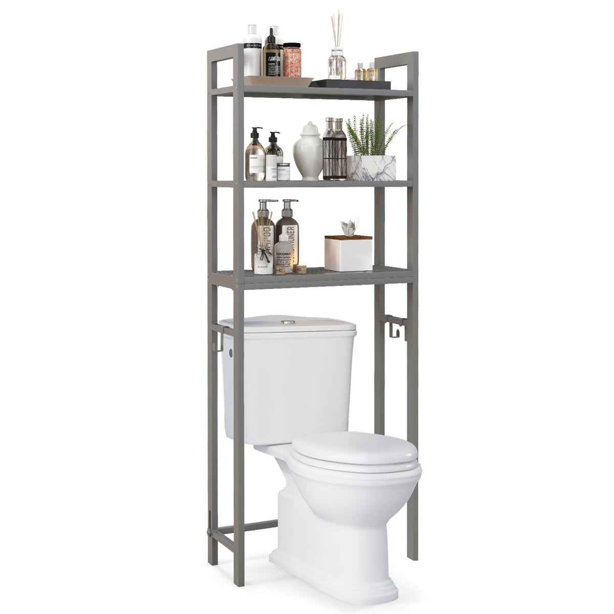 Over-The-Toilet Storage Shelf Space Saving Metal Bathroom Organizer Hooks-Gray-Over the Toilet Storage-DECOROLALA