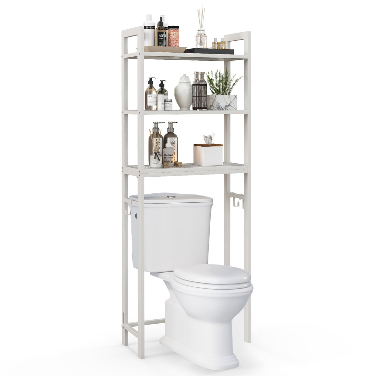 Over-The-Toilet Storage Shelf Space Saving Metal Bathroom Organizer Hooks-White-Over the Toilet Storage-DECOROLALA