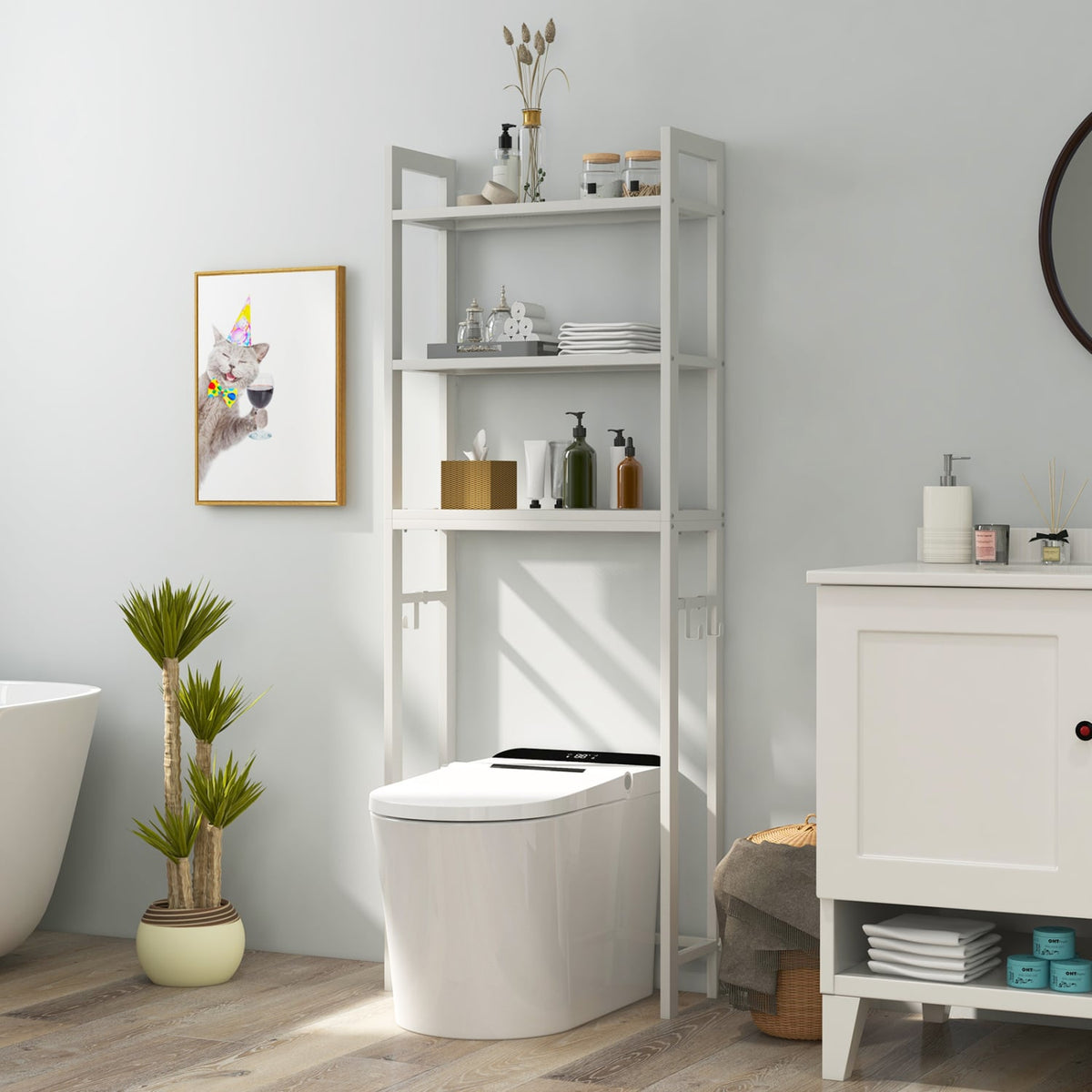 Over-The-Toilet Storage Shelf Space Saving Metal Bathroom Organizer Hooks-White-Over the Toilet Storage-DECOROLALA