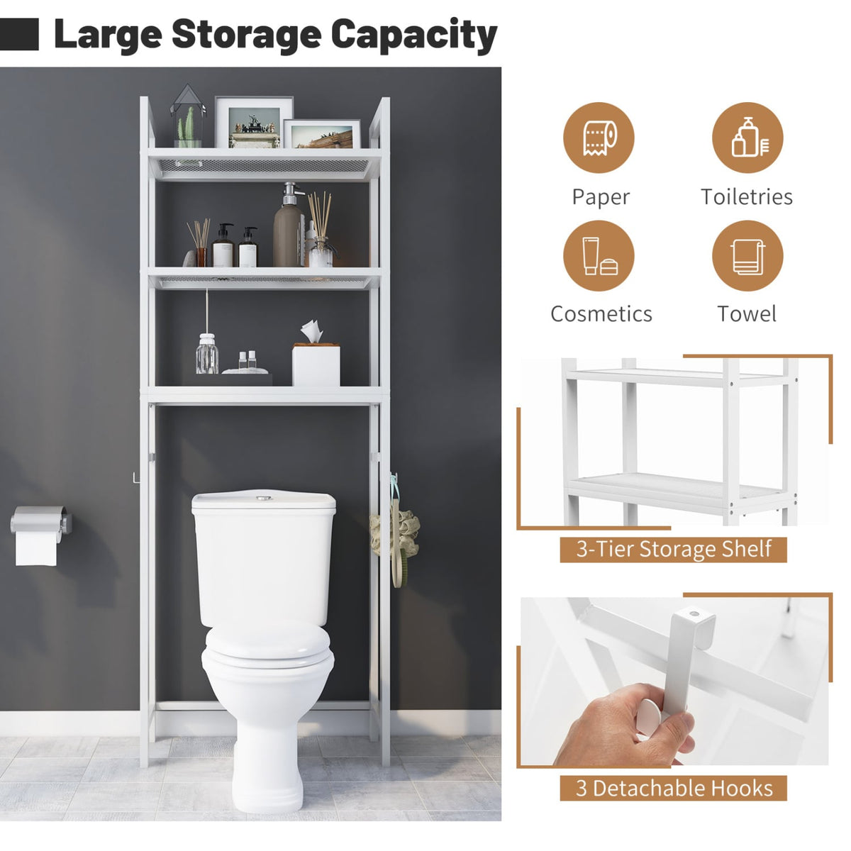 Over-The-Toilet Storage Shelf Space Saving Metal Bathroom Organizer Hooks-White-Over the Toilet Storage-DECOROLALA
