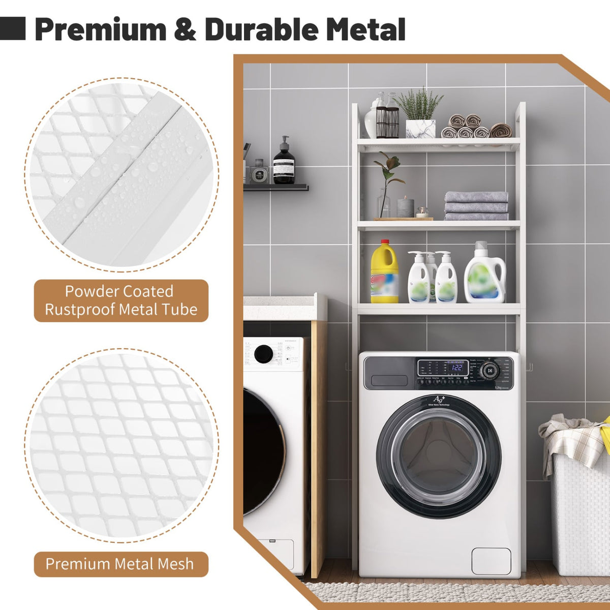 Over-The-Toilet Storage Shelf Space Saving Metal Bathroom Organizer Hooks-White-Over the Toilet Storage-DECOROLALA