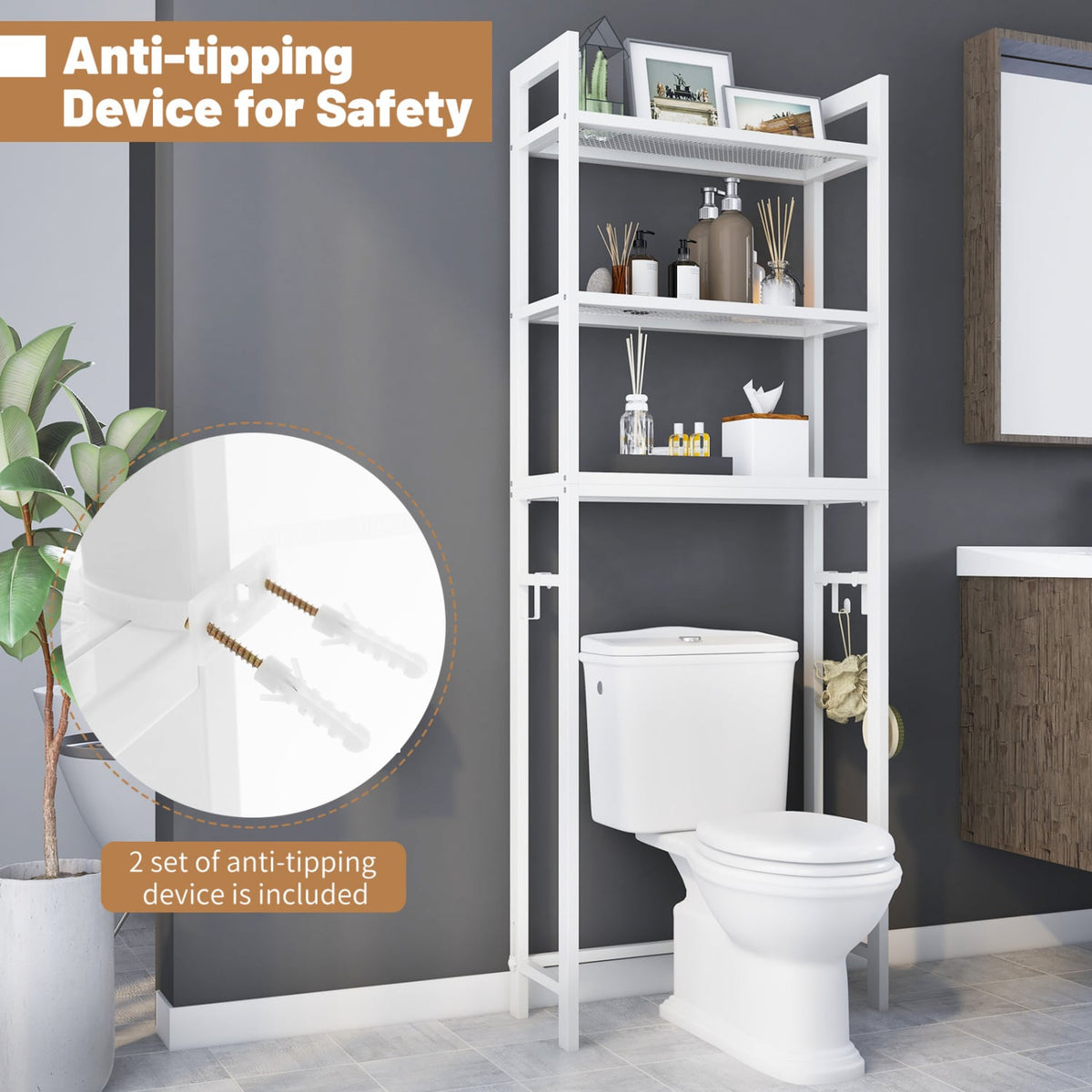 Over-The-Toilet Storage Shelf Space Saving Metal Bathroom Organizer Hooks-White-Over the Toilet Storage-DECOROLALA