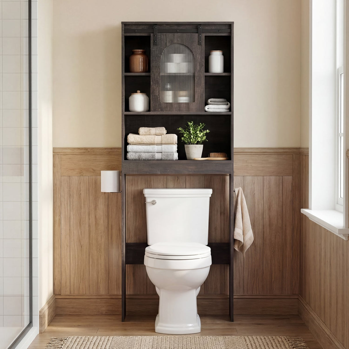 Over Toilet Storage Cabinet with Sliding Barn Door and Open Shelves for Bathroom-Oak-Over the Toilet Storage-DECOROLALA