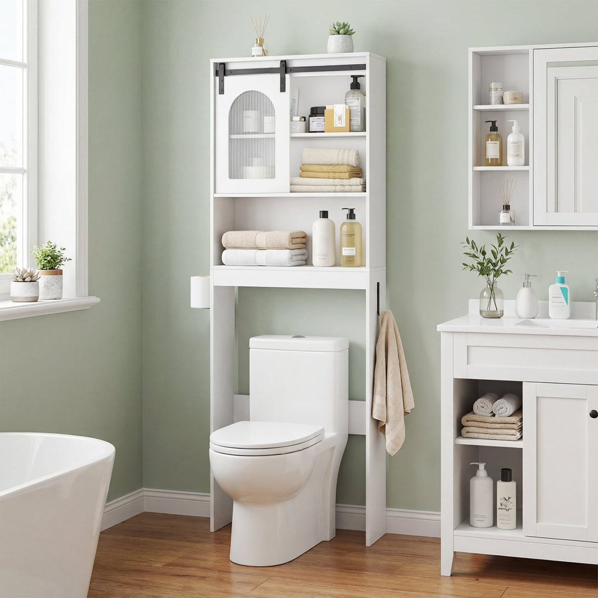 Over Toilet Storage Cabinet with Sliding Barn Door and Open Shelves for Bathroom-White-Over the Toilet Storage-DECOROLALA