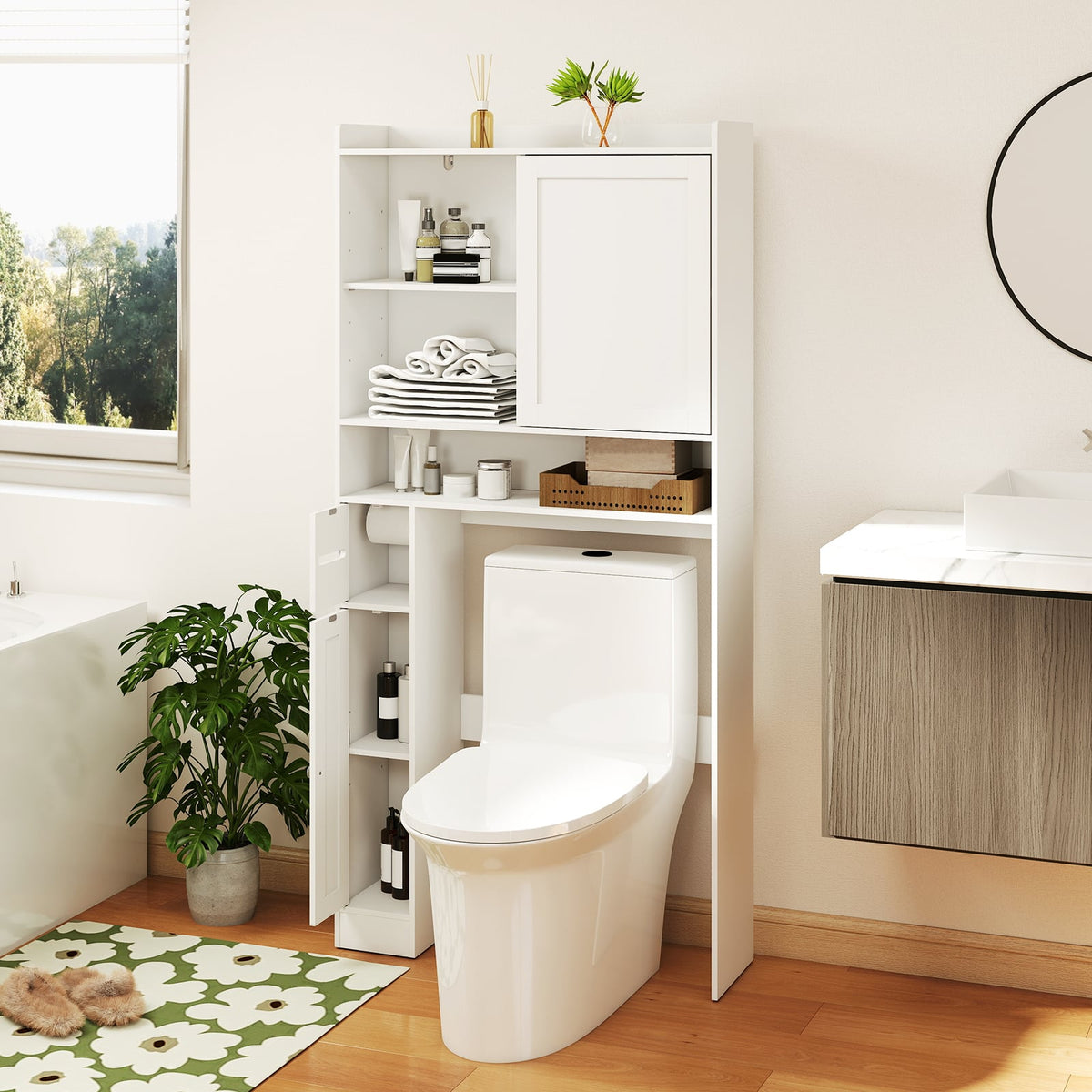 Over-the-Toilet Storage Cabinet Standing Toilet Rack with Sliding Door-White-Over the Toilet Storage-DECOROLALA