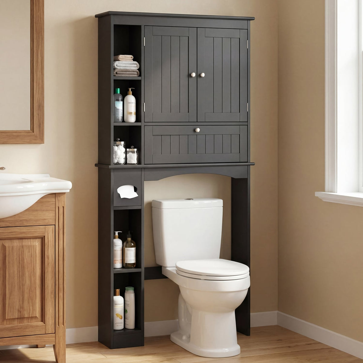 Over the Toilet Storage Cabinet with Adjustable Shelf and Bottom Bar-Black-Over the Toilet Storage-DECOROLALA