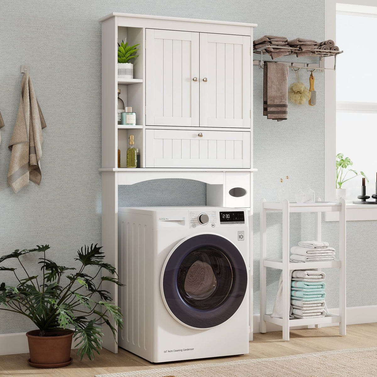 Over the Toilet Storage Cabinet with Adjustable Shelf and Bottom Bar-White-Over the Toilet Storage-DECOROLALA