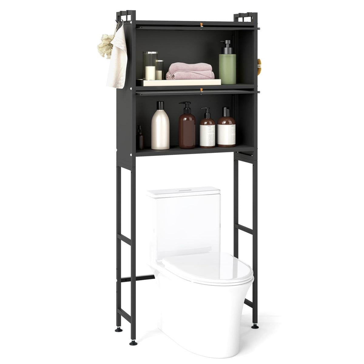 Over-the-toilet Cabinet Bathroom Organizer with 2 Flip-up Cabinets-Black-Over the Toilet Storage-DECOROLALA