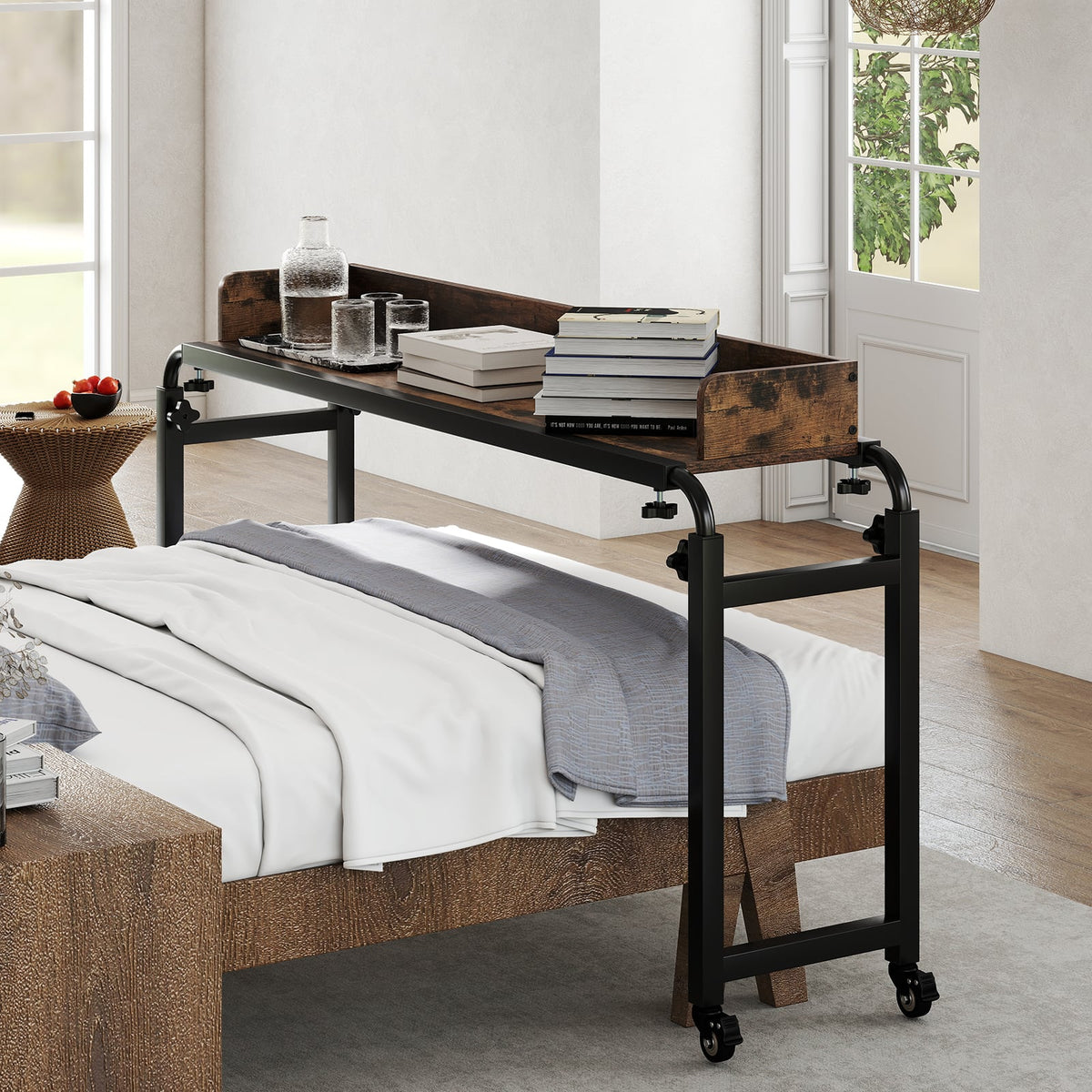 Overbed Desk with Wheels Queen Size Mobile Bed Desk with Adjustable Height-Brown-Bedroom Furniture Sets-DECOROLALA