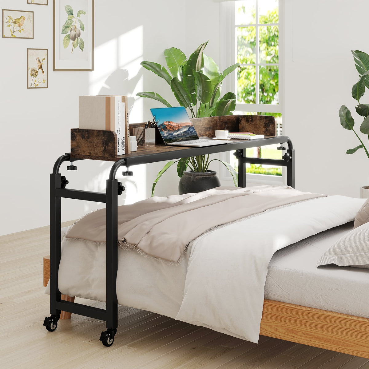 Overbed Desk with Wheels Queen Size Mobile Bed Desk with Adjustable Height-Brown-Bedroom Furniture Sets-DECOROLALA