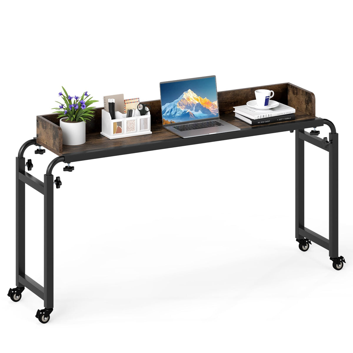 Overbed Desk with Wheels Queen Size Mobile Bed Desk with Adjustable Height-Brown-Bedroom Furniture Sets-DECOROLALA
