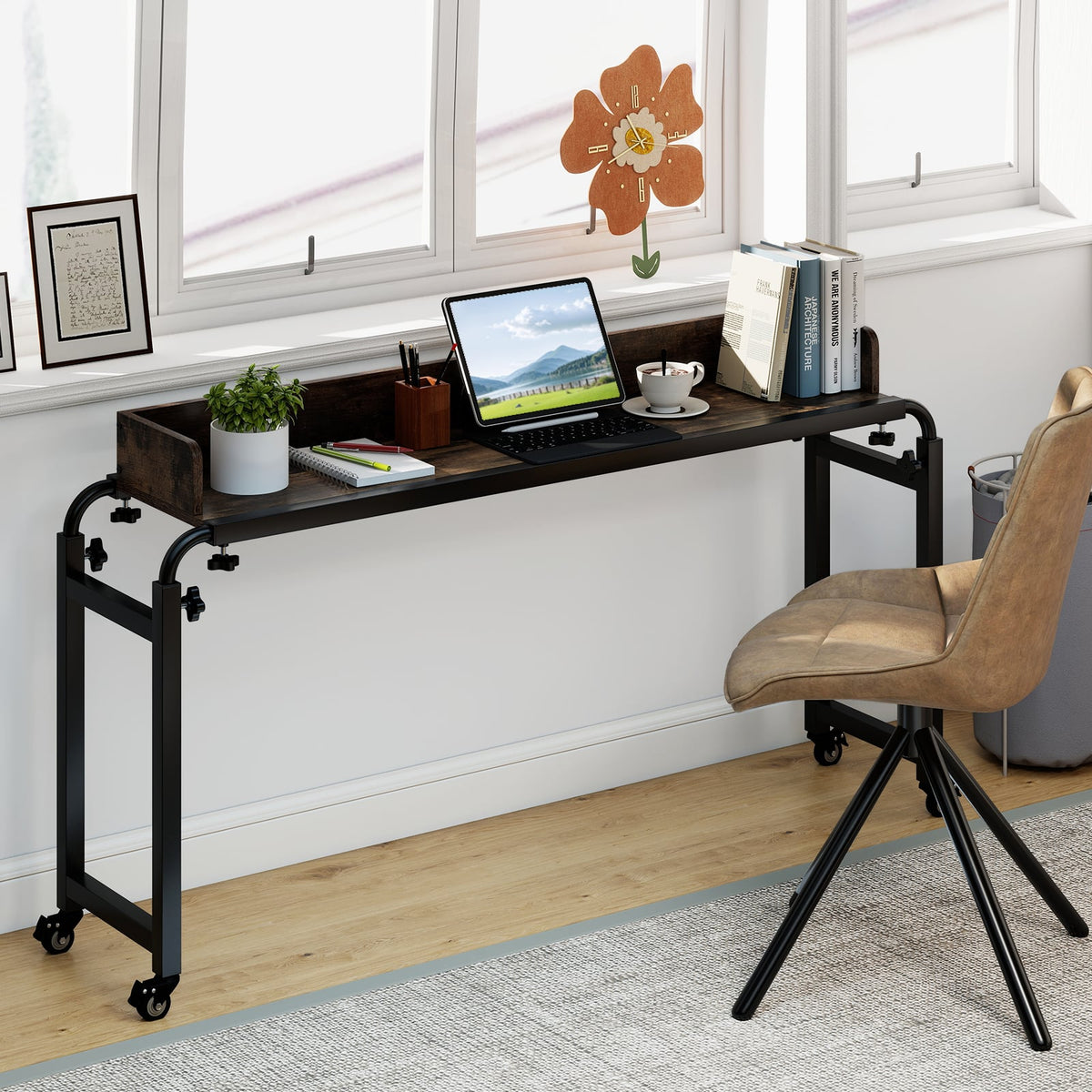 Overbed Desk with Wheels Queen Size Mobile Bed Desk with Adjustable Height-Brown-Bedroom Furniture Sets-DECOROLALA