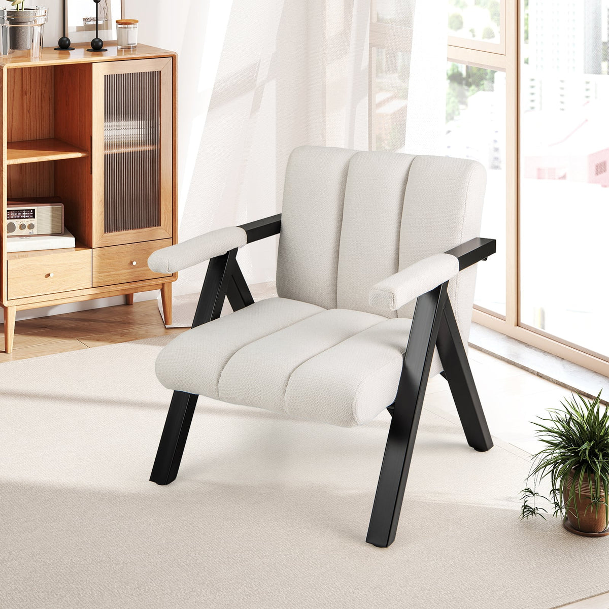Oversized Accent Chair with Metal Frame and Armrests-Beige-Accent Chairs-DECOROLALA