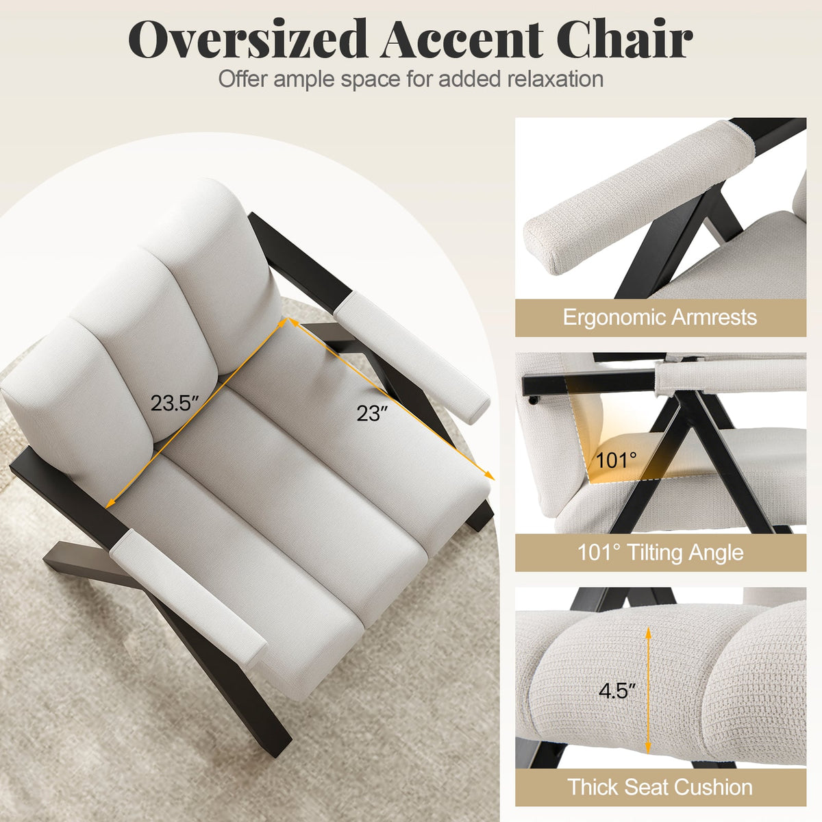 Oversized Accent Chair with Metal Frame and Armrests-Beige-Accent Chairs-DECOROLALA