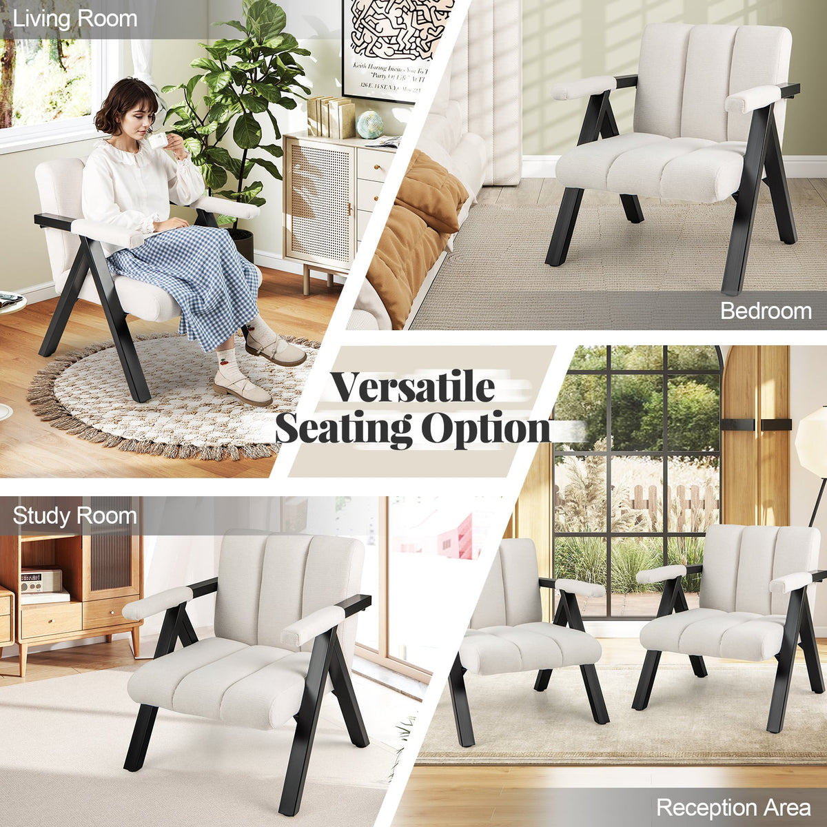 Oversized Accent Chair with Metal Frame and Armrests-Beige-Accent Chairs-DECOROLALA