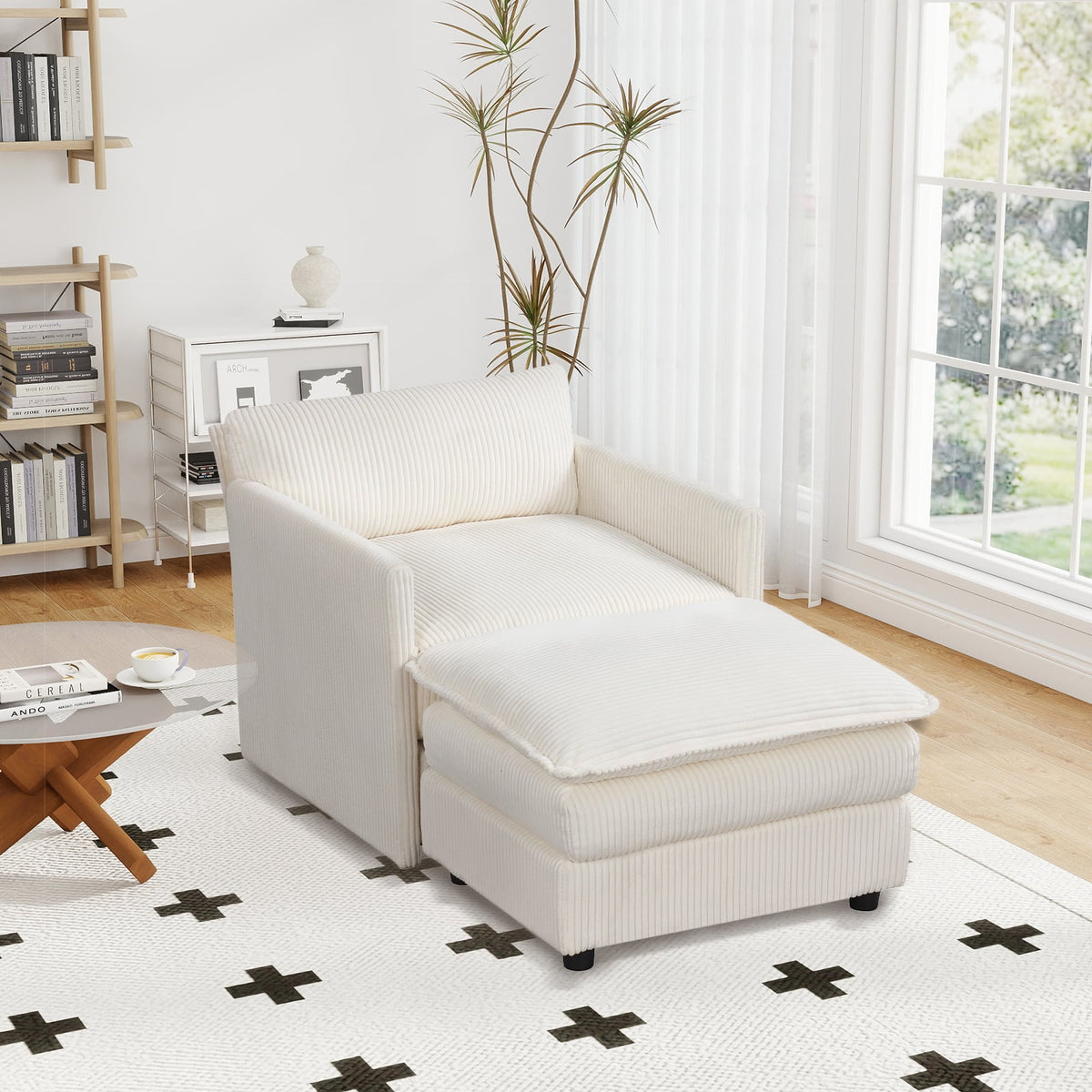 Oversized Accent Chair with Ottoman with Soft Corduroy Cushions-Beige-Accent Chairs-DECOROLALA