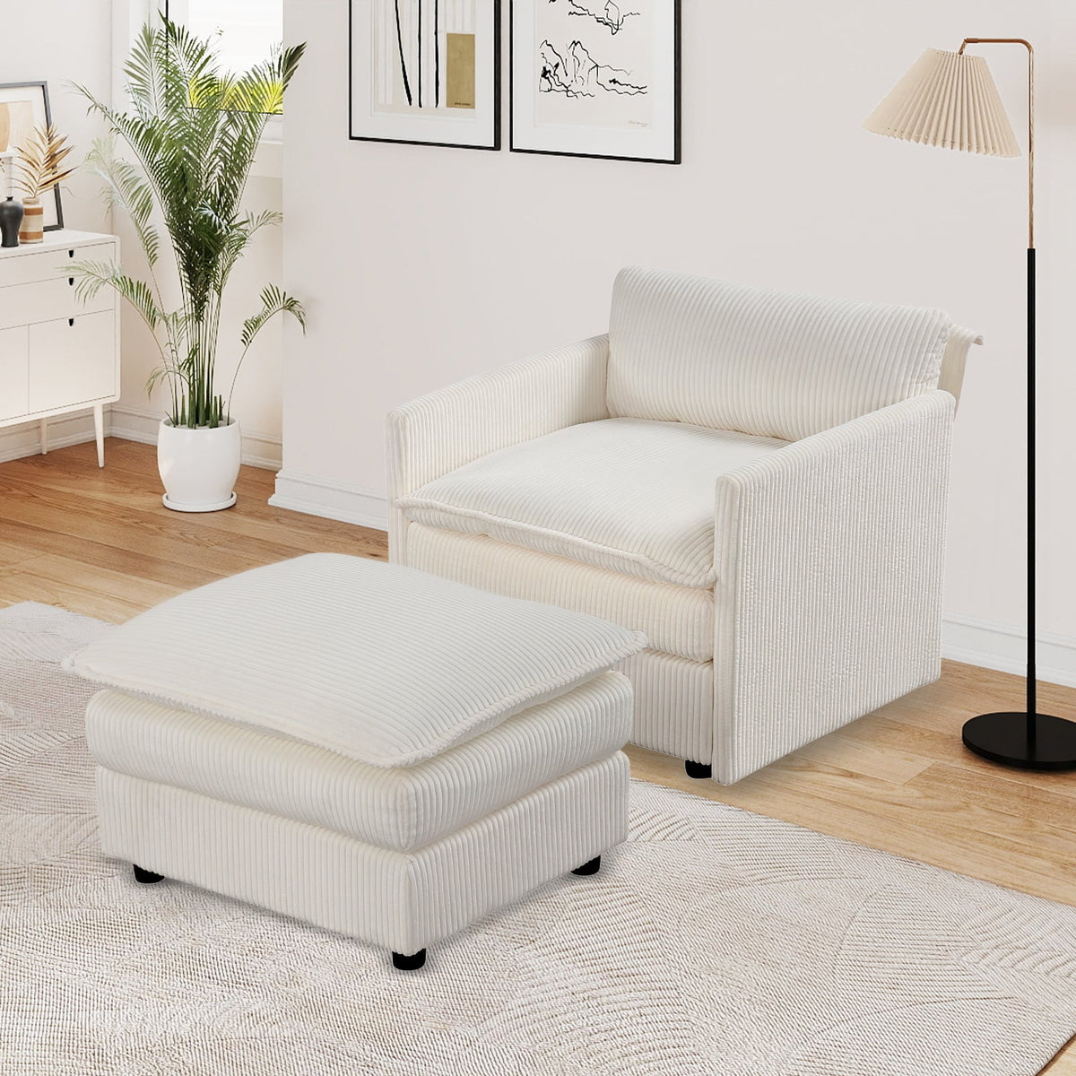 Oversized Accent Chair with Ottoman with Soft Corduroy Cushions-Beige-Accent Chairs-DECOROLALA