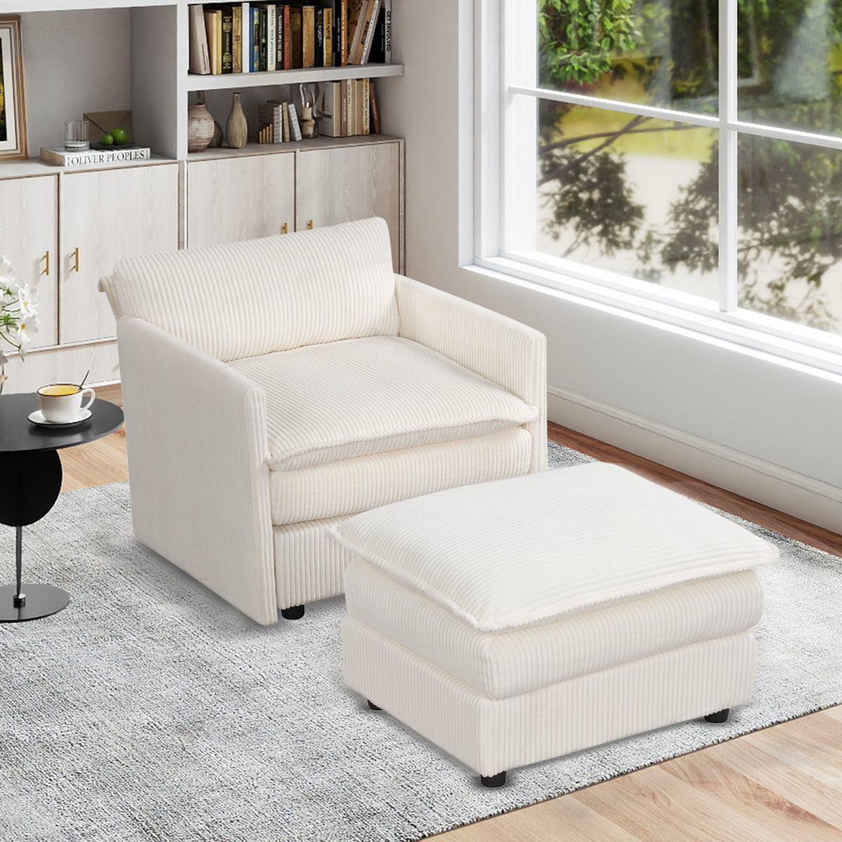 Oversized Accent Chair with Ottoman with Soft Corduroy Cushions-Beige-Accent Chairs-DECOROLALA