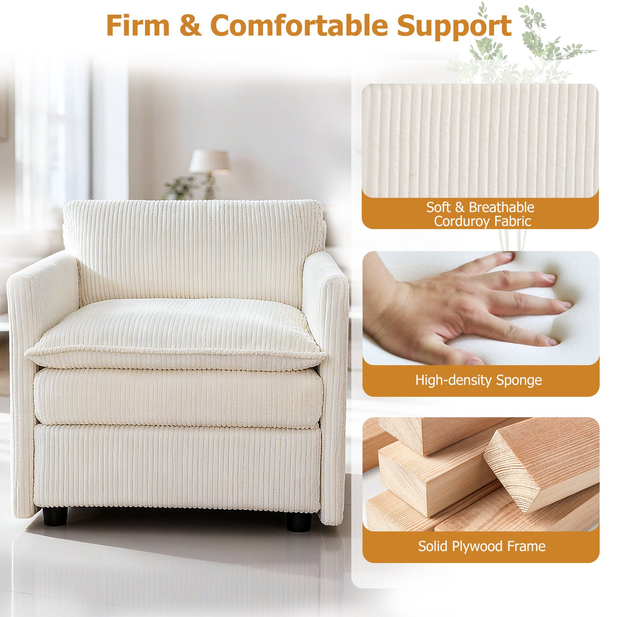 Oversized Accent Chair with Ottoman with Soft Corduroy Cushions-Beige-Accent Chairs-DECOROLALA